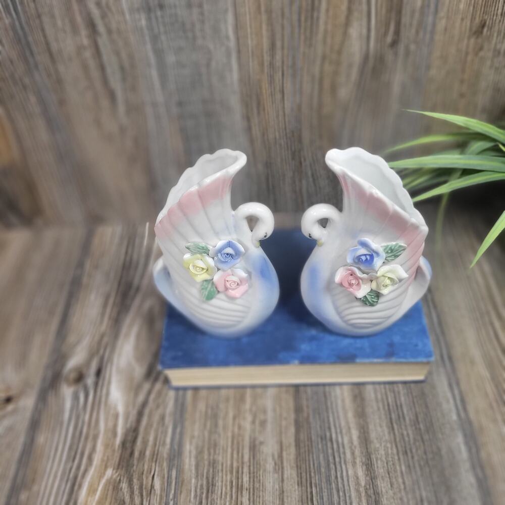2 Vintage White Porcelain Swan Vases 6" Ceramic 3D Pastel Roses, Cottagecore
